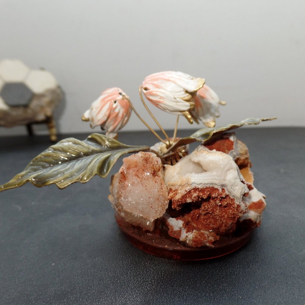 Hand Crafted And Enameled Flowers In Natural Golden Coral Rock Formation